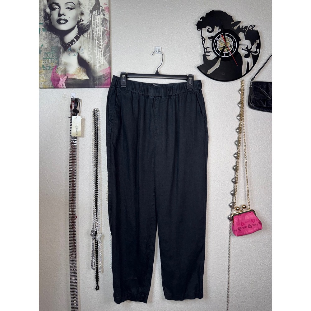 Quince Black Linen Pants Womens M Pull On Elastic Waist Tapered Ankle Pockets